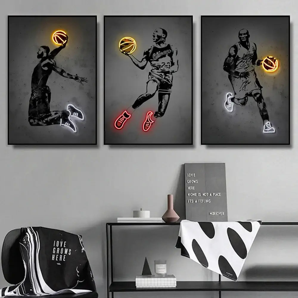 Basketball player neon style wall art bedroom canvas decor