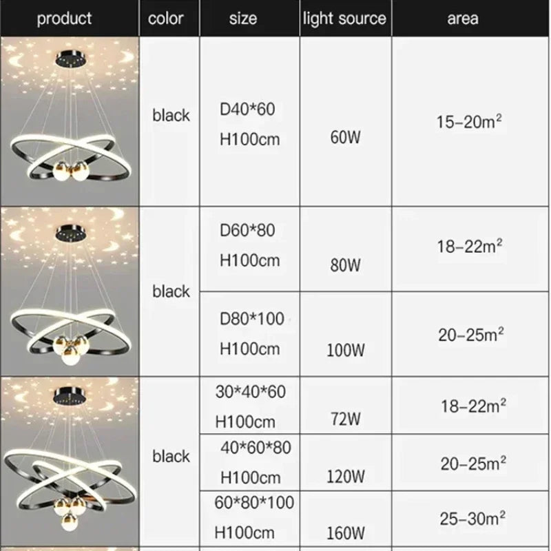 Modern black & gold starry sky led chandelier living room ring light
