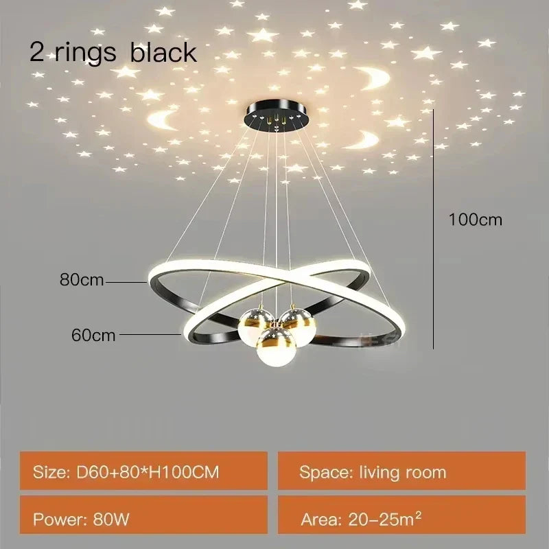 Modern black & gold starry sky led chandelier living room ring light