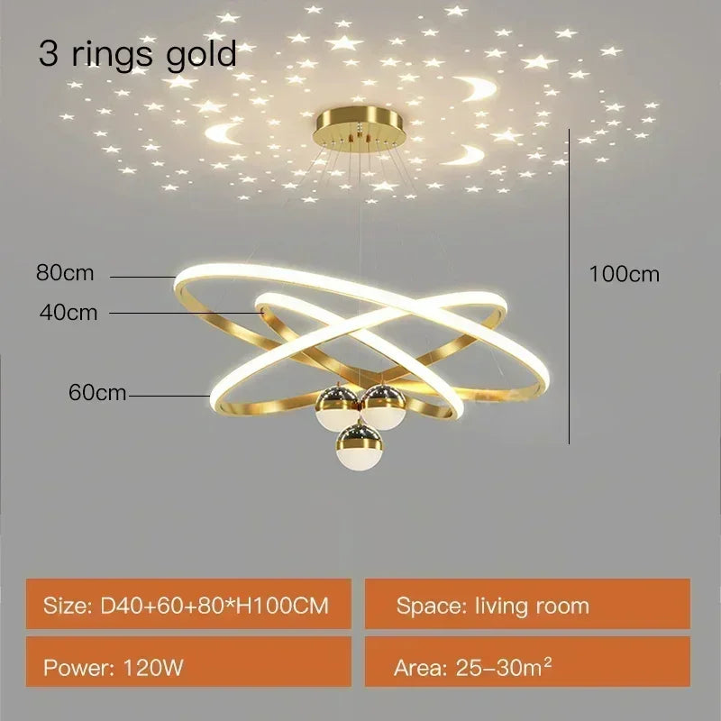 Modern black & gold starry sky led chandelier living room ring light