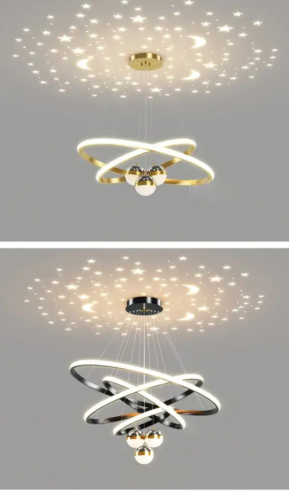 Modern black & gold starry sky led chandelier living room ring light