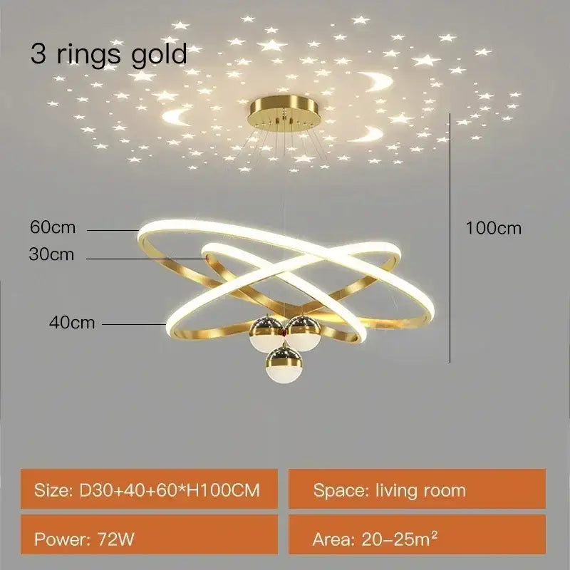 Modern black & gold starry sky led chandelier living room ring light