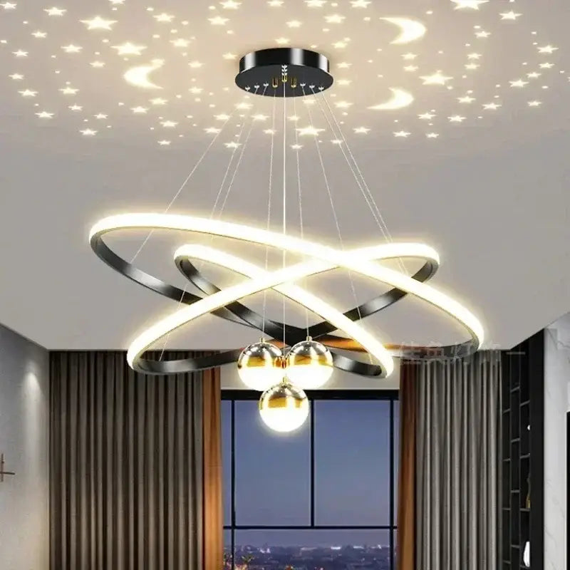 Modern black & gold starry sky led chandelier living room ring light