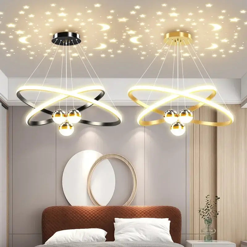 Modern black & gold starry sky led chandelier living room ring light