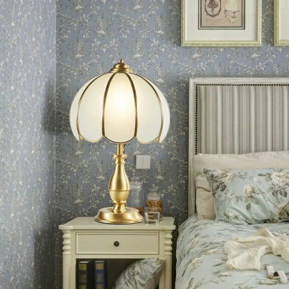 DecorBites™ Traditional Brass Bedside Table Lamp with Dome White Glass Shade