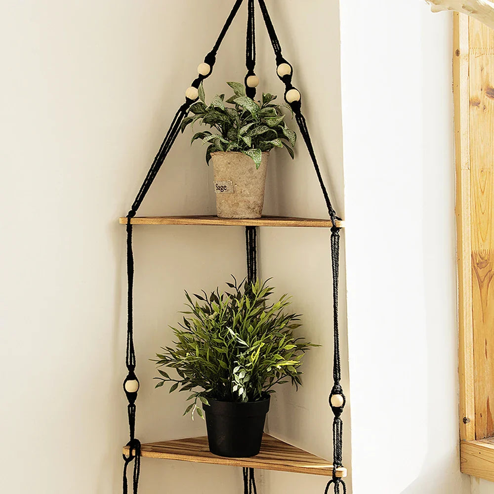 DecorBites™ Wooden Corner Shelf with Macrame - Boho Wall Decor