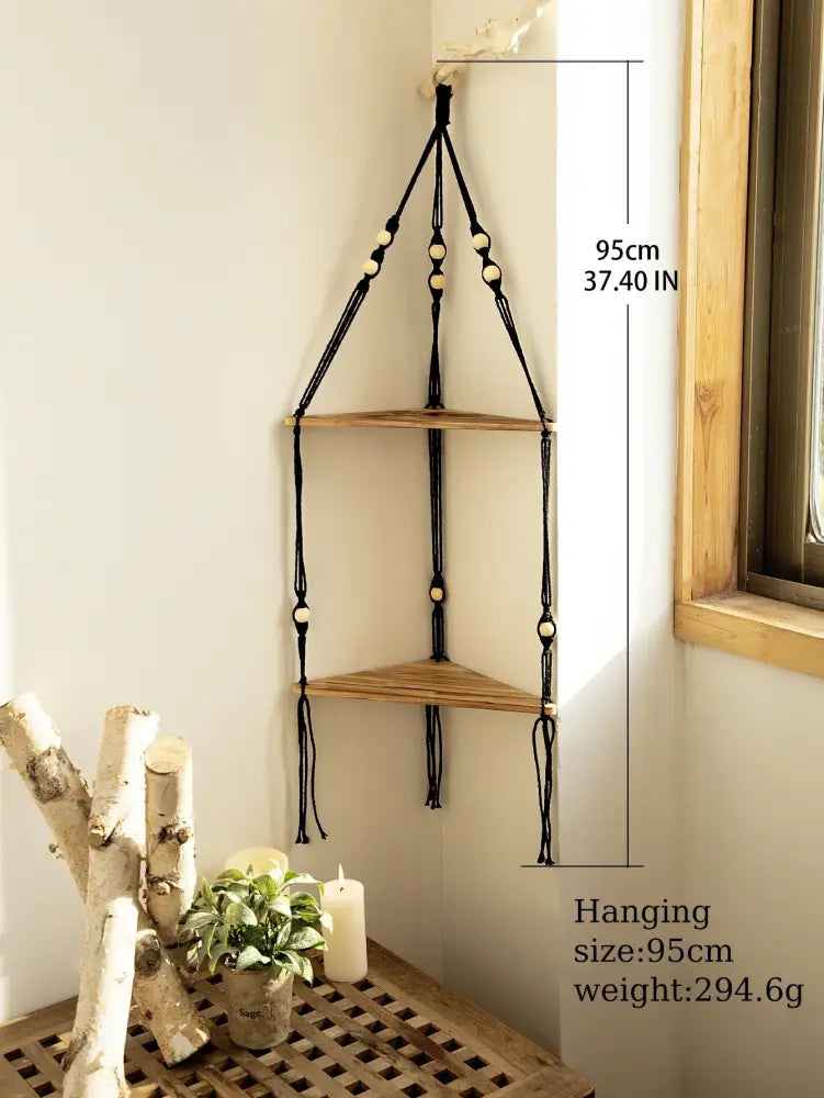 DecorBites™ Wooden Corner Shelf with Macrame - Boho Wall Decor