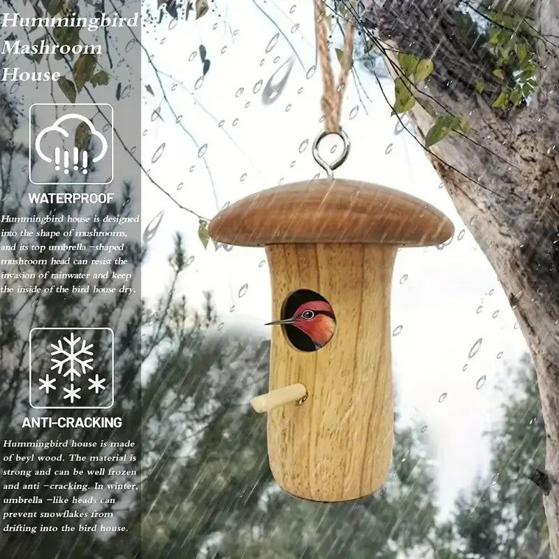 Mushroom wooden hanging hummingbird house outdoor garden decor