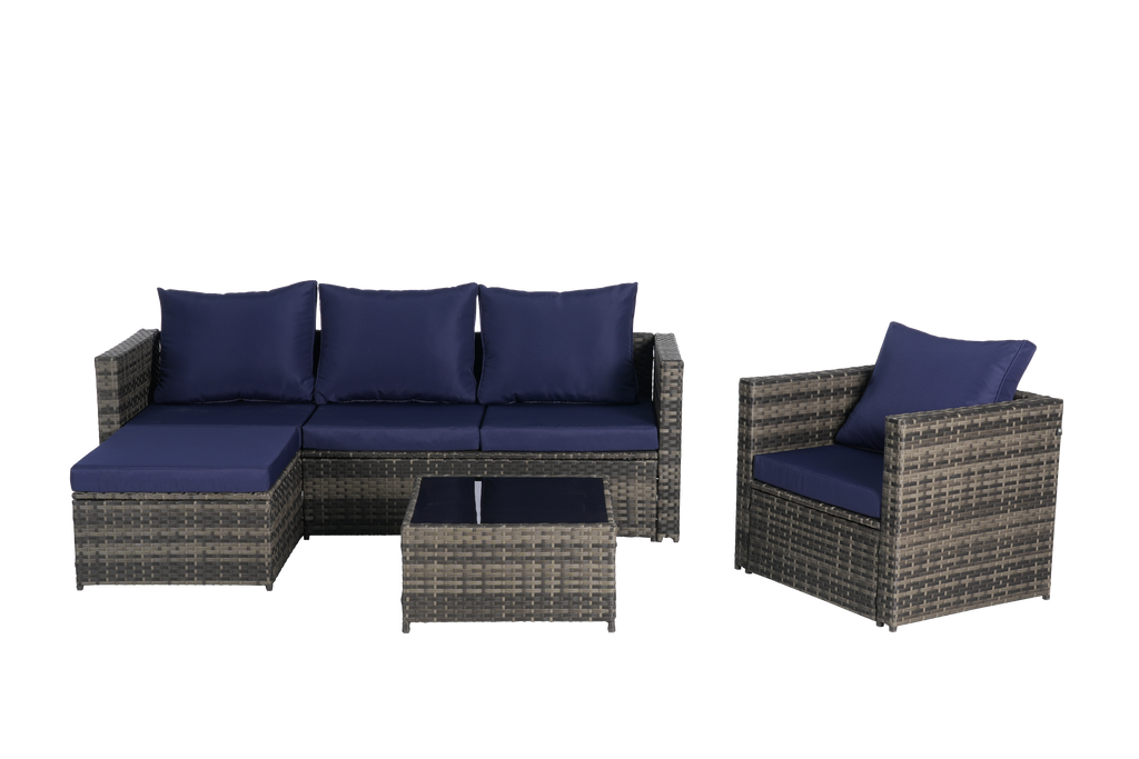 Outdoor Sectional Set PE Rattan Steel Dark Blue 4 Piece Seats 6 380 LB
