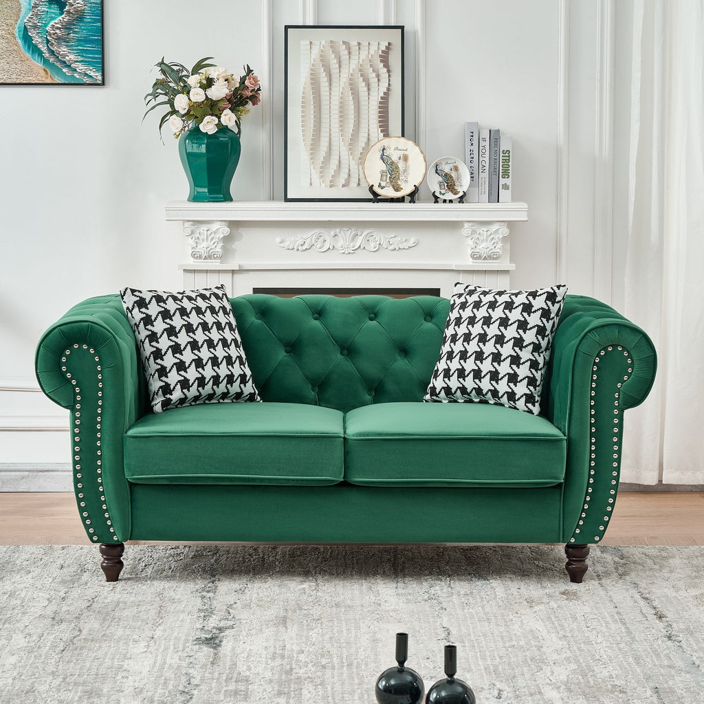 Loveseat Chesterfield Velvet Green Mid-Century Nailhead Rolled Arms 67 In