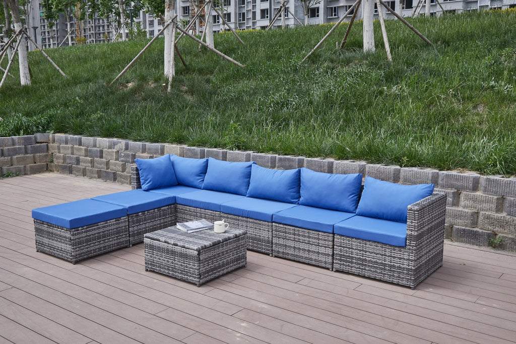 Outdoor Patio Sofa Set PE Rattan Blue Gray All Weather Steel Frame