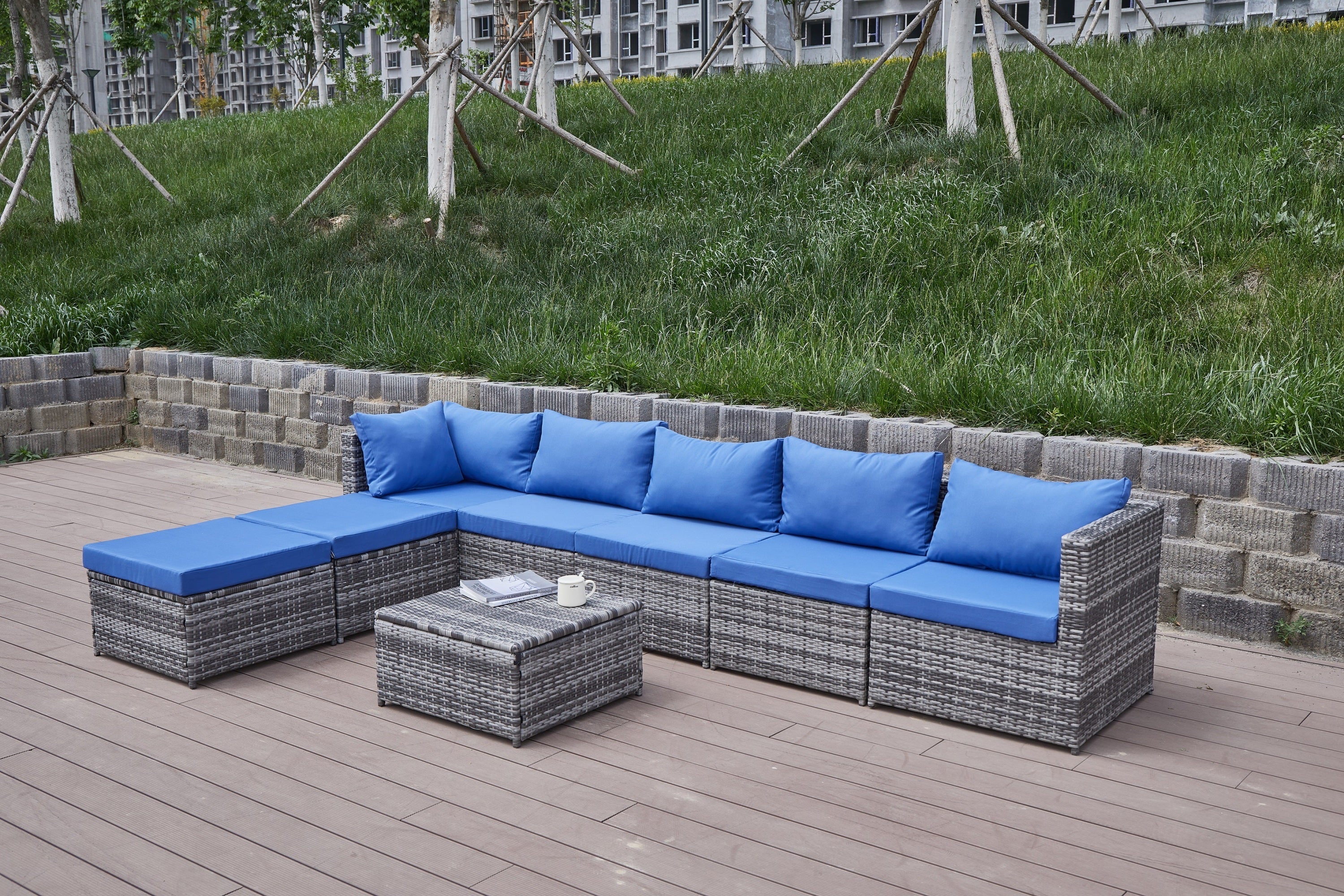 Outdoor Patio Sofa Set PE Rattan Blue Gray All Weather Steel Frame