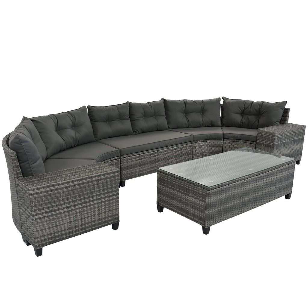 Outdoor Sectional Set PE Wicker Steel Gray Half Moon 8 Piece 250 LB
