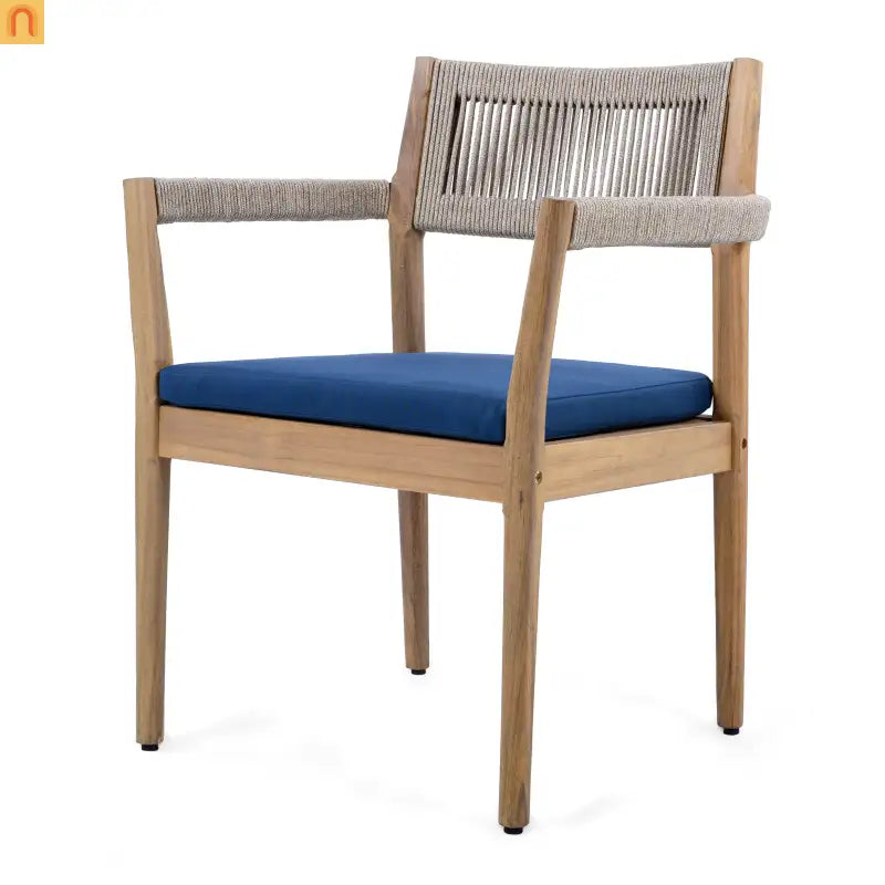 Outdoor Dining Chair Acacia Wood Rope Teak Beige Navy Cushion Set 2
