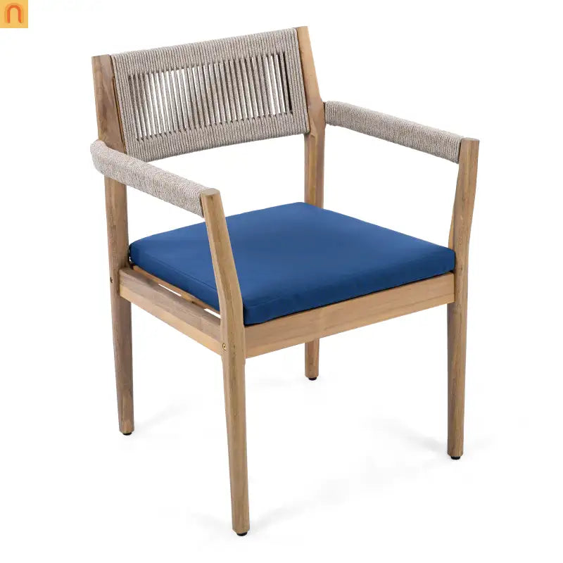 Outdoor Dining Chair Acacia Wood Rope Teak Beige Navy Cushion Set 2