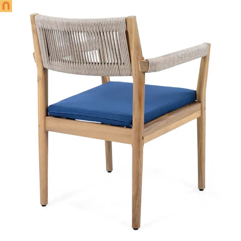 Outdoor Dining Chair Acacia Wood Rope Teak Beige Navy Cushion Set 2
