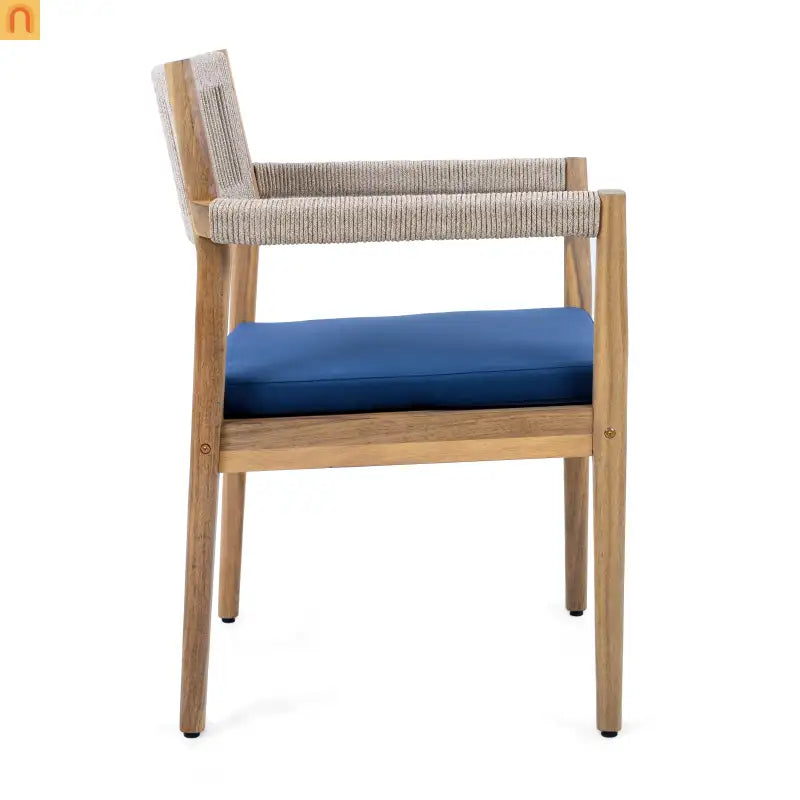 Outdoor Dining Chair Acacia Wood Rope Teak Beige Navy Cushion Set 2