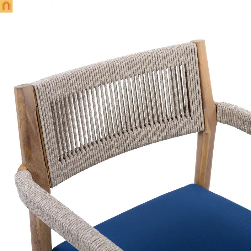 Outdoor Dining Chair Acacia Wood Rope Teak Beige Navy Cushion Set 2