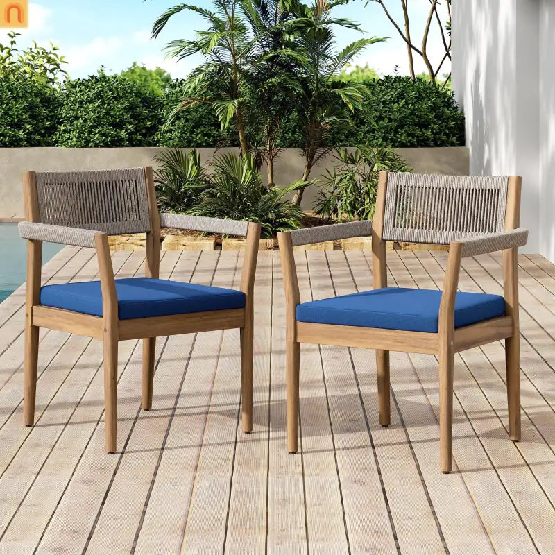 Outdoor Dining Chair Acacia Wood Rope Teak Beige Navy Cushion Set 2