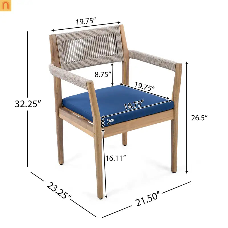 Outdoor Dining Chair Acacia Wood Rope Teak Beige Navy Cushion Set 2