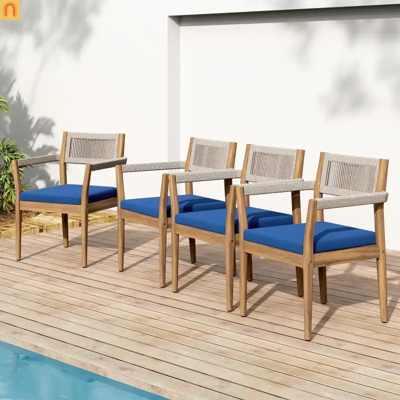Outdoor Dining Chair Acacia Wood Rope Teak Beige Navy Cushion Set 2