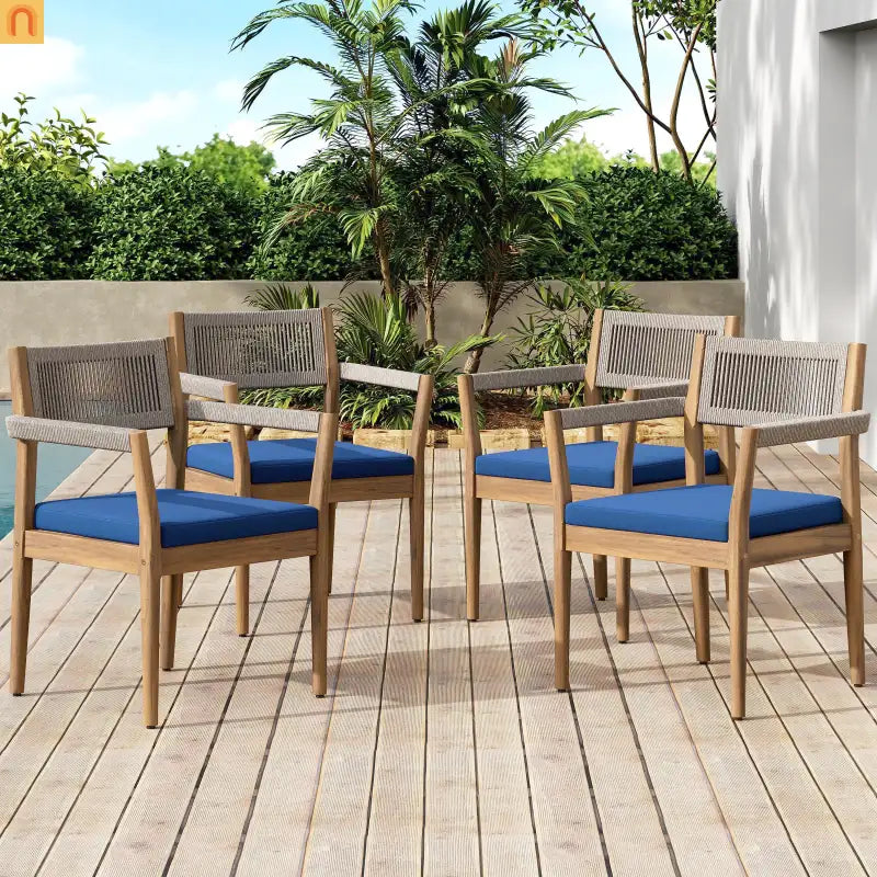 Outdoor Dining Chair Acacia Wood Rope Teak Beige Navy Cushion Set 2