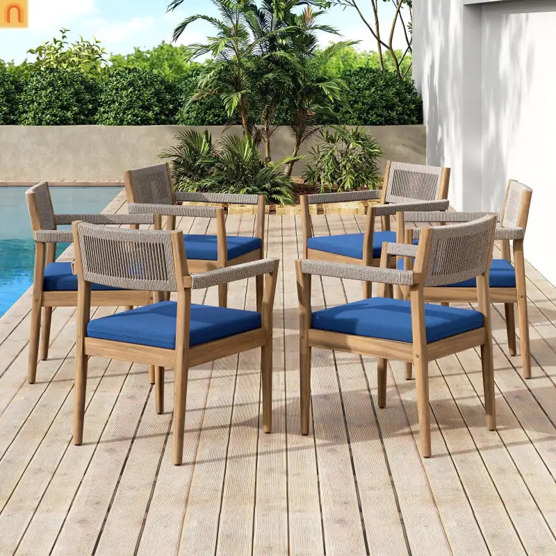 Outdoor Dining Chair Acacia Wood Rope Teak Beige Navy Cushion Set 2
