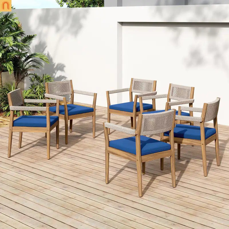 Outdoor Dining Chair Acacia Wood Rope Teak Beige Navy Cushion Set 2