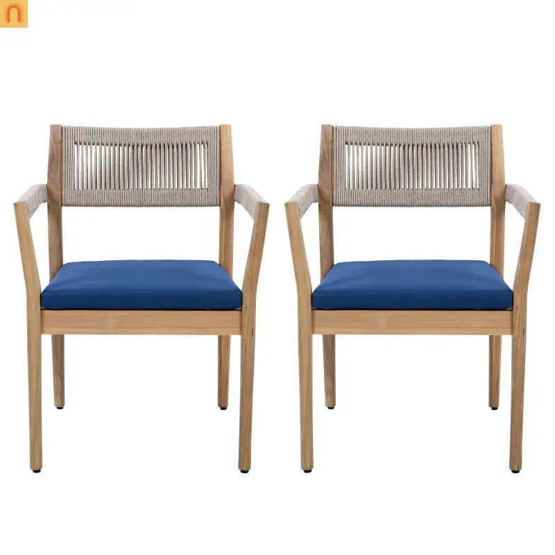 Outdoor Dining Chair Acacia Wood Rope Teak Beige Navy Cushion Set 2