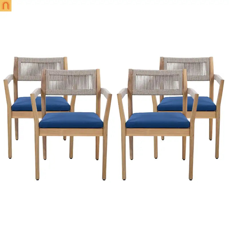 Outdoor Dining Chair Acacia Wood Rope Teak Beige Navy Cushion Set 2
