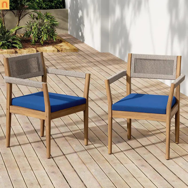 Outdoor Dining Chair Acacia Wood Rope Teak Beige Navy Cushion Set 2