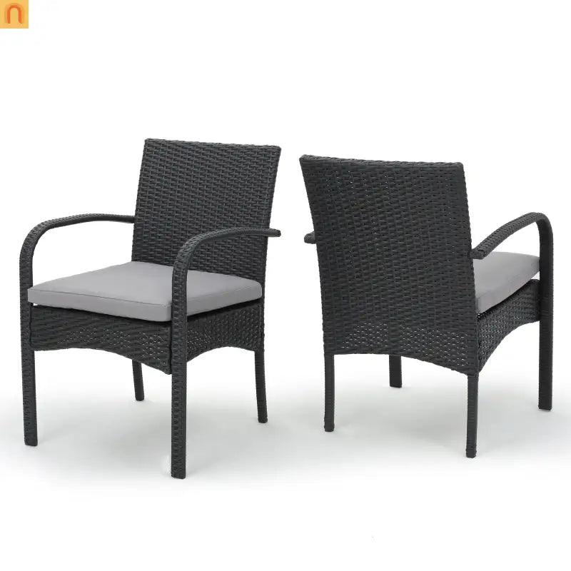 Outdoor Dining Chair PE Rattan Iron Gray Cushioned Set of 2