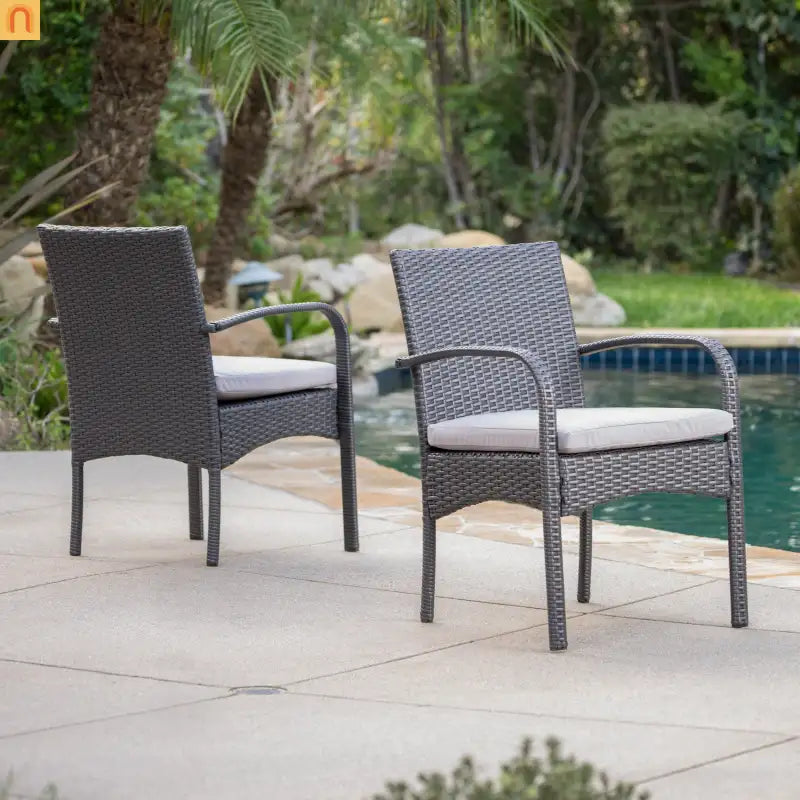 Outdoor Dining Chair PE Rattan Iron Gray Cushioned Set of 2