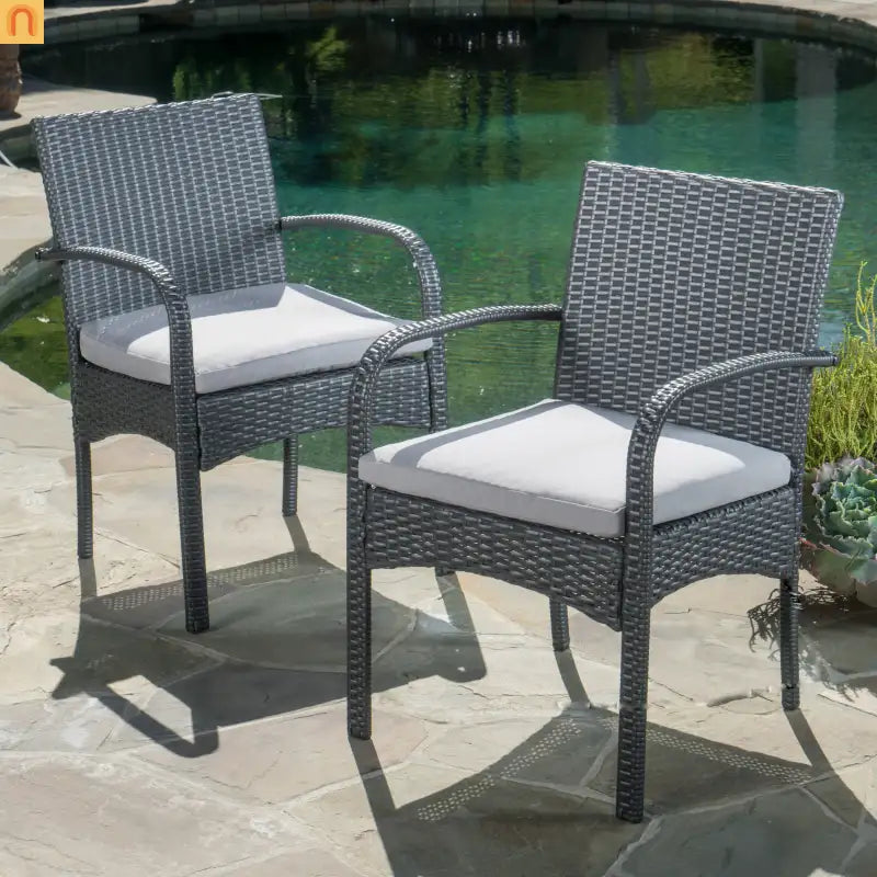 Outdoor Dining Chair PE Rattan Iron Gray Cushioned Set of 2