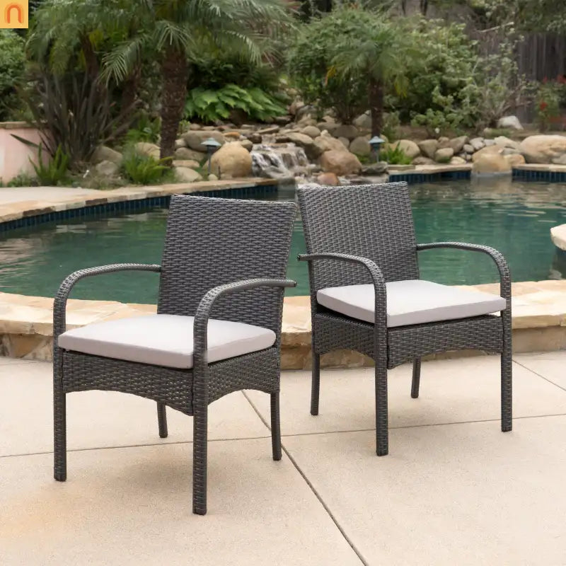 Outdoor Dining Chair PE Rattan Iron Gray Cushioned Set of 2