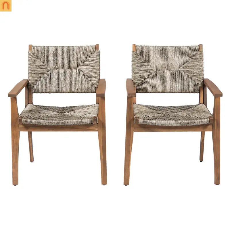 Outdoor Dining Chair Acacia Wood Wicker Seat Brown Set of 2 250 LB
