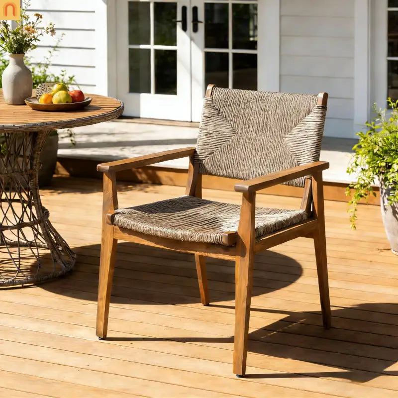 Outdoor Dining Chair Acacia Wood Wicker Seat Brown Set of 2 250 LB