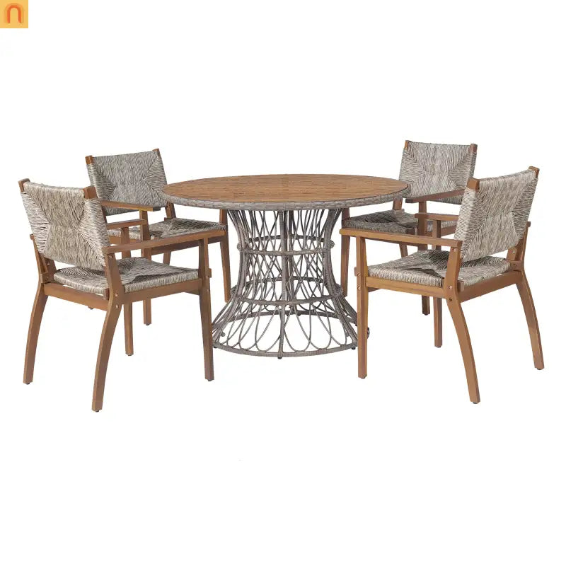 Outdoor Dining Chair Acacia Wood Wicker Seat Brown Set of 2 250 LB