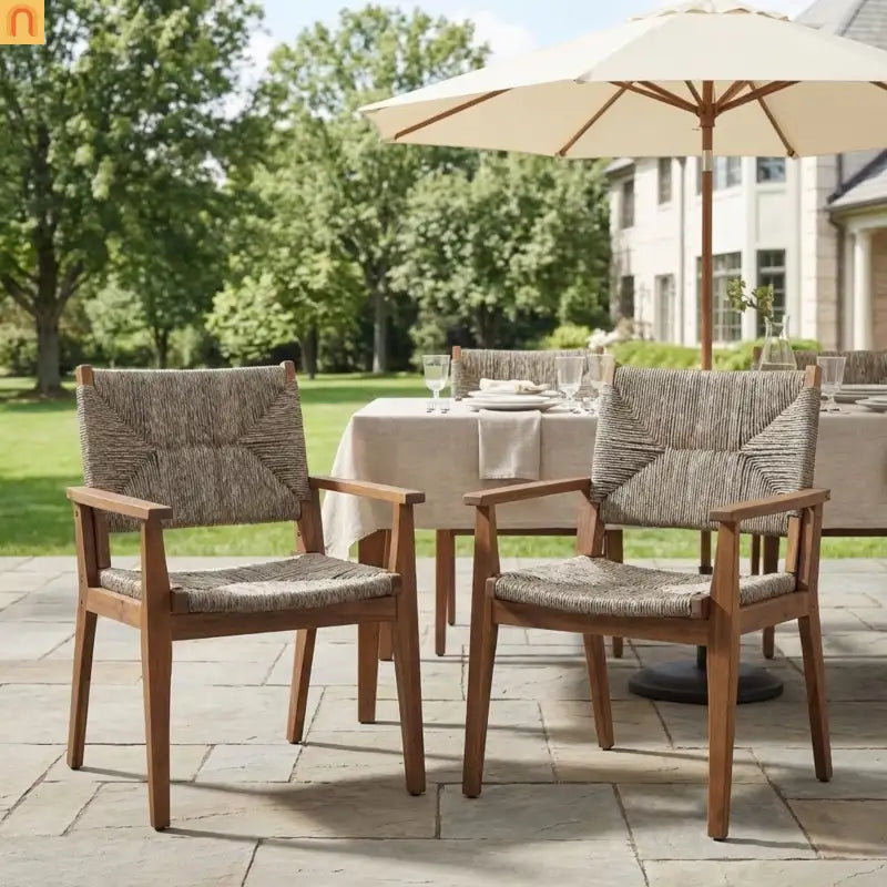 Outdoor Dining Chair Acacia Wood Wicker Seat Brown Set of 2 250 LB
