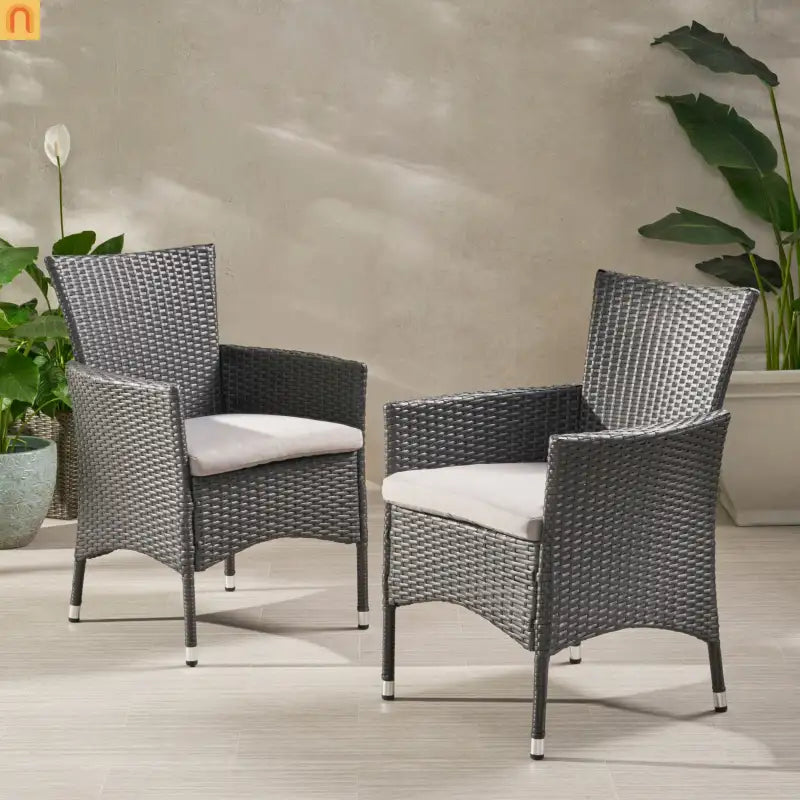 Outdoor Dining Chair Set Wicker Gray Sloped Arms Set of 2 33in