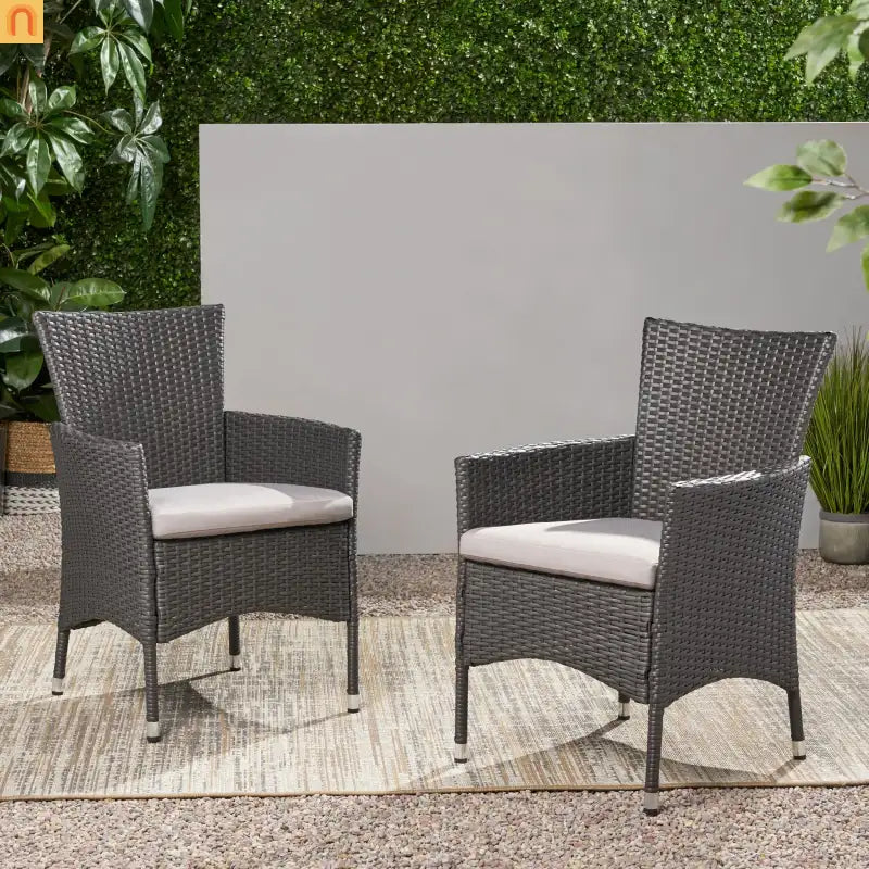 Outdoor Dining Chair Set Wicker Gray Sloped Arms Set of 2 33in