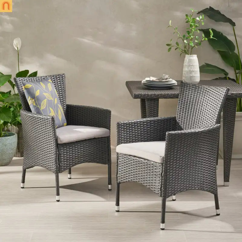 Outdoor Dining Chair Set Wicker Gray Sloped Arms Set of 2 33in