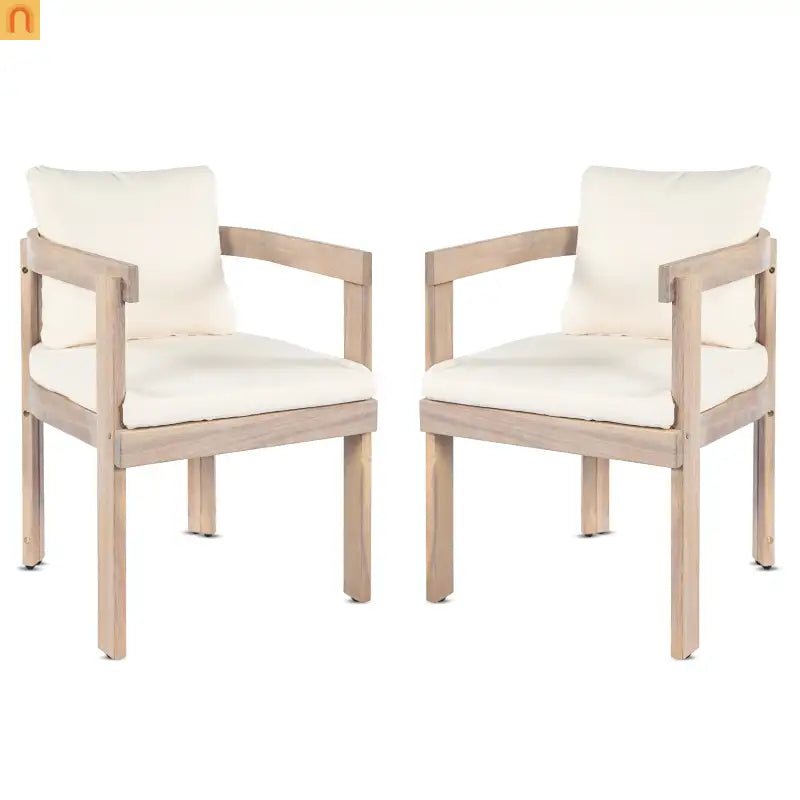 Outdoor Dining Chair Acacia Wood Barrel Cream Cushion Set of 2
