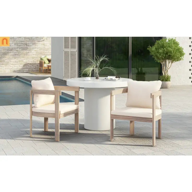 Outdoor Dining Chair Acacia Wood Barrel Cream Cushion Set of 2