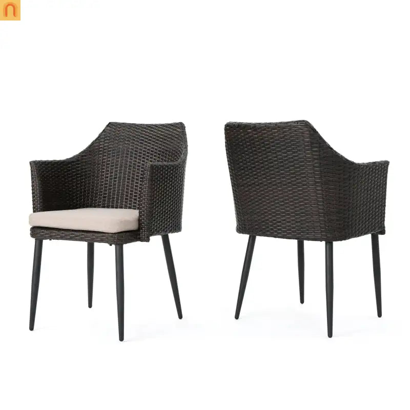 Outdoor Dining Chair PE Wicker Iron Brown Cushion Set of 2