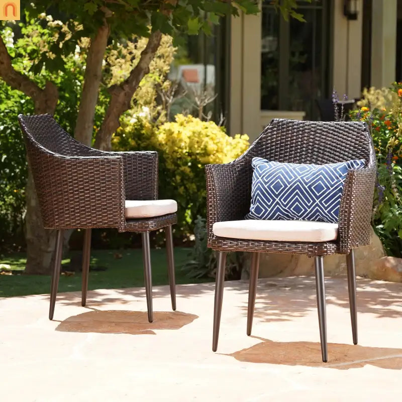 Outdoor Dining Chair PE Wicker Iron Brown Cushion Set of 2