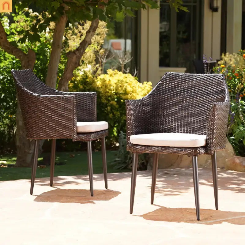 Outdoor Dining Chair PE Wicker Iron Brown Cushion Set of 2