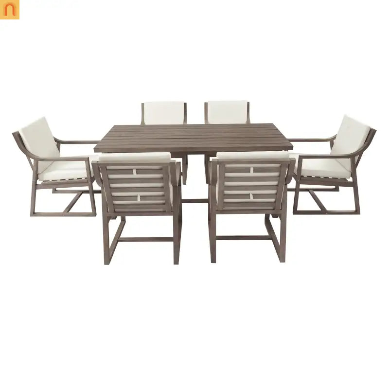 Outdoor Dining Set Acacia Wood Beige Cushion 7 Piece Slatted Seats 6