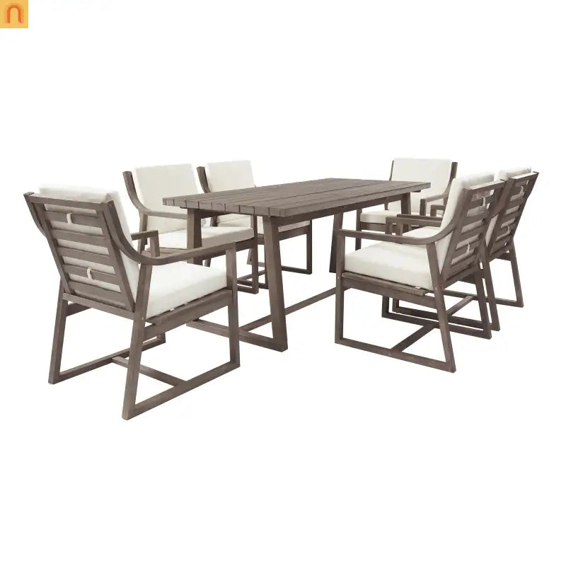 Outdoor Dining Set Acacia Wood Beige Cushion 7 Piece Slatted Seats 6