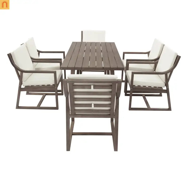 Outdoor Dining Set Acacia Wood Beige Cushion 7 Piece Slatted Seats 6